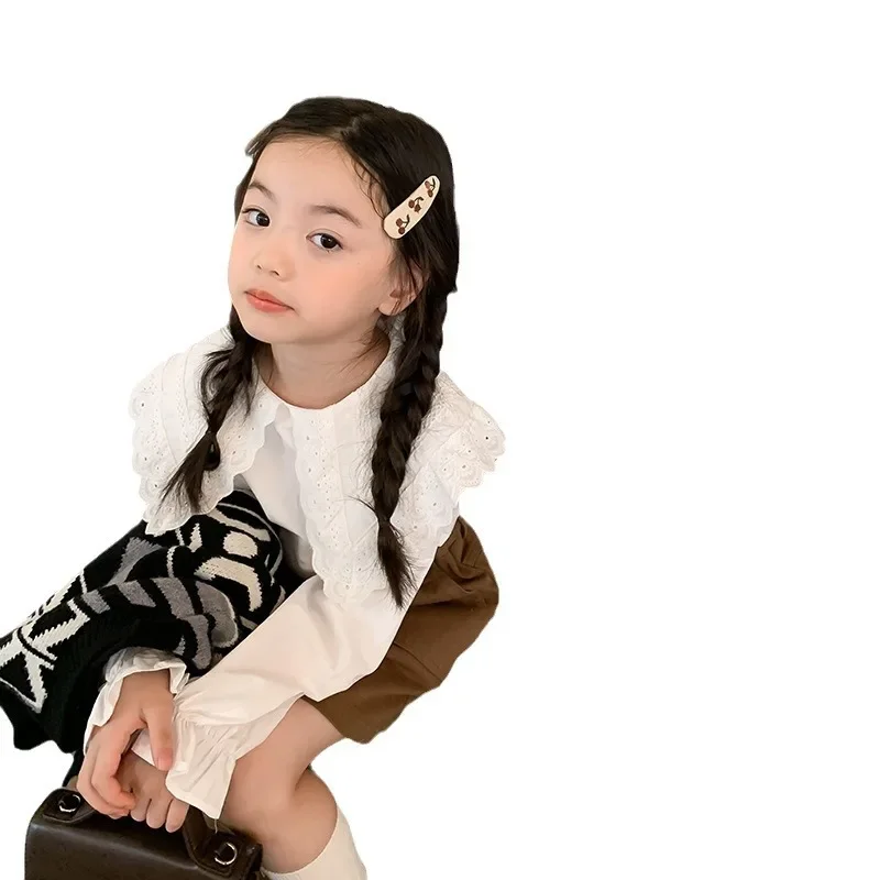 Children Clothes White Shirt Top 2024 Autumn Girls Sweet Large Lace Lapel Solid Color Long Sleeve Casual Simple Kids Shirt