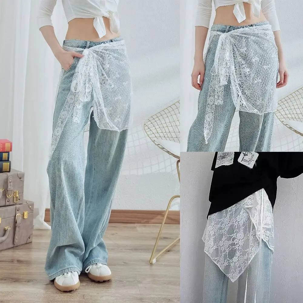 

Floral Design Lace Layered Skirt Lightweight Streetwear Style Wrap Skirts Comfortable Sheer Overskirt