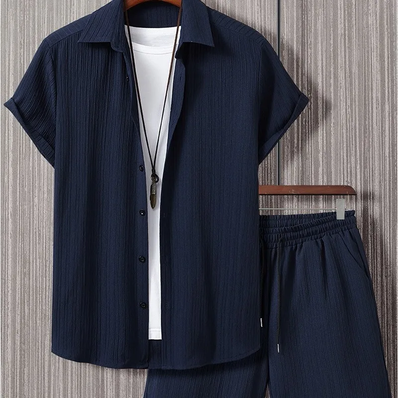 Casual Textured Two Piece Set Mens Short Sleeve Button Shirt Drawstring Beach Shorts Outfit view 4