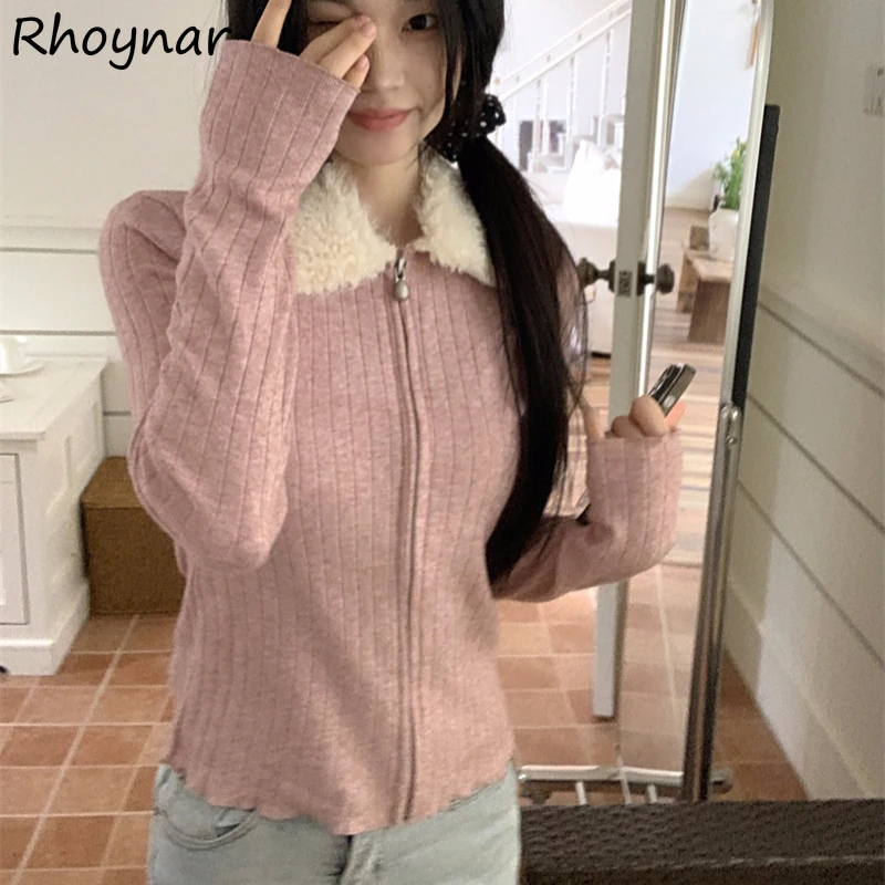 

Cardigans Women Autumn Sweet Spicy Girls Turn-down Collar Zippers Slimming Tops Knitwear Tender All-match Casual Ulzzang Unique