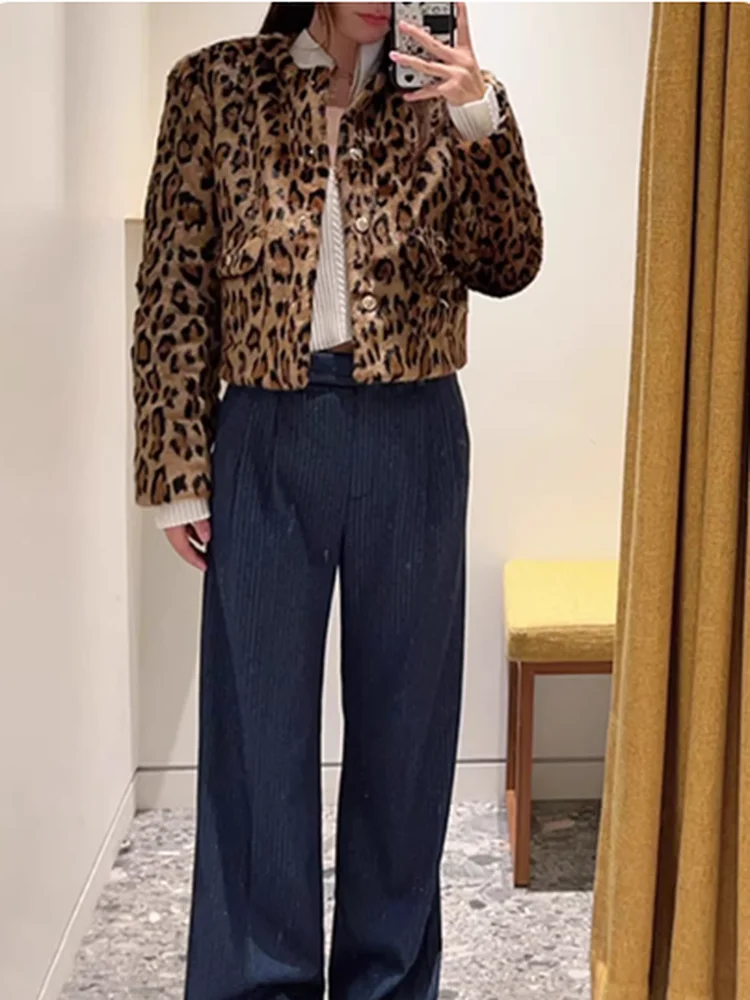 

Wild Leopard Print Smooth round Ne Golden Button Single Button ort Ladies Jaet Faionable Autumn Winter Women's Coat