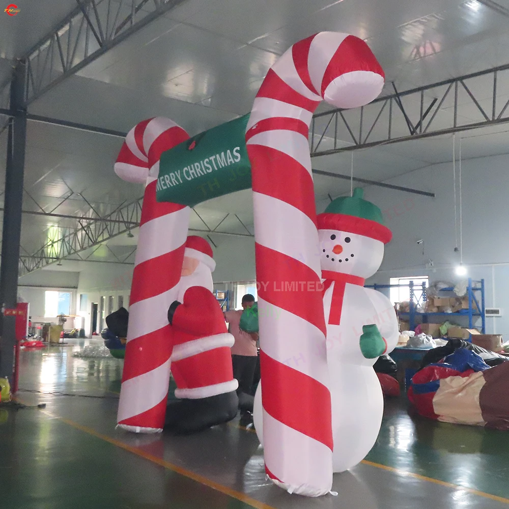 3x3m Candy Cane Christmas Arch Inflatable Santa Archway with Santa Claus and Snowman Cartoon with Air Blower