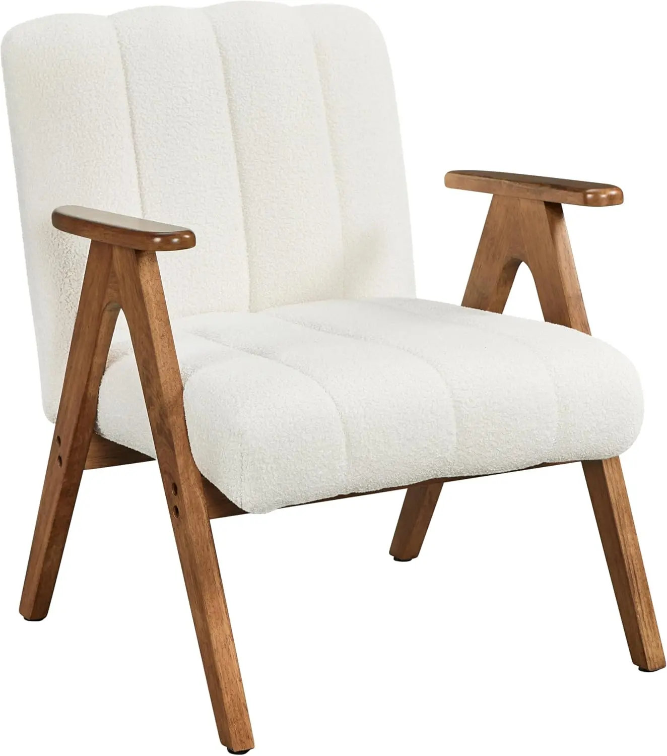 

Boucle Fabric Mid Century Accent Chair, Modern Upholstered Living Room Chairs with Solid Wood Legs, Reading Armchair