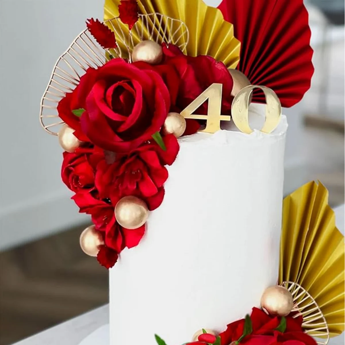 LaVenty Red Rose Cake Decoration Ginkgo Palm Leaves Cake Decoration for Wedding Birthday Engagement Bridal Shower