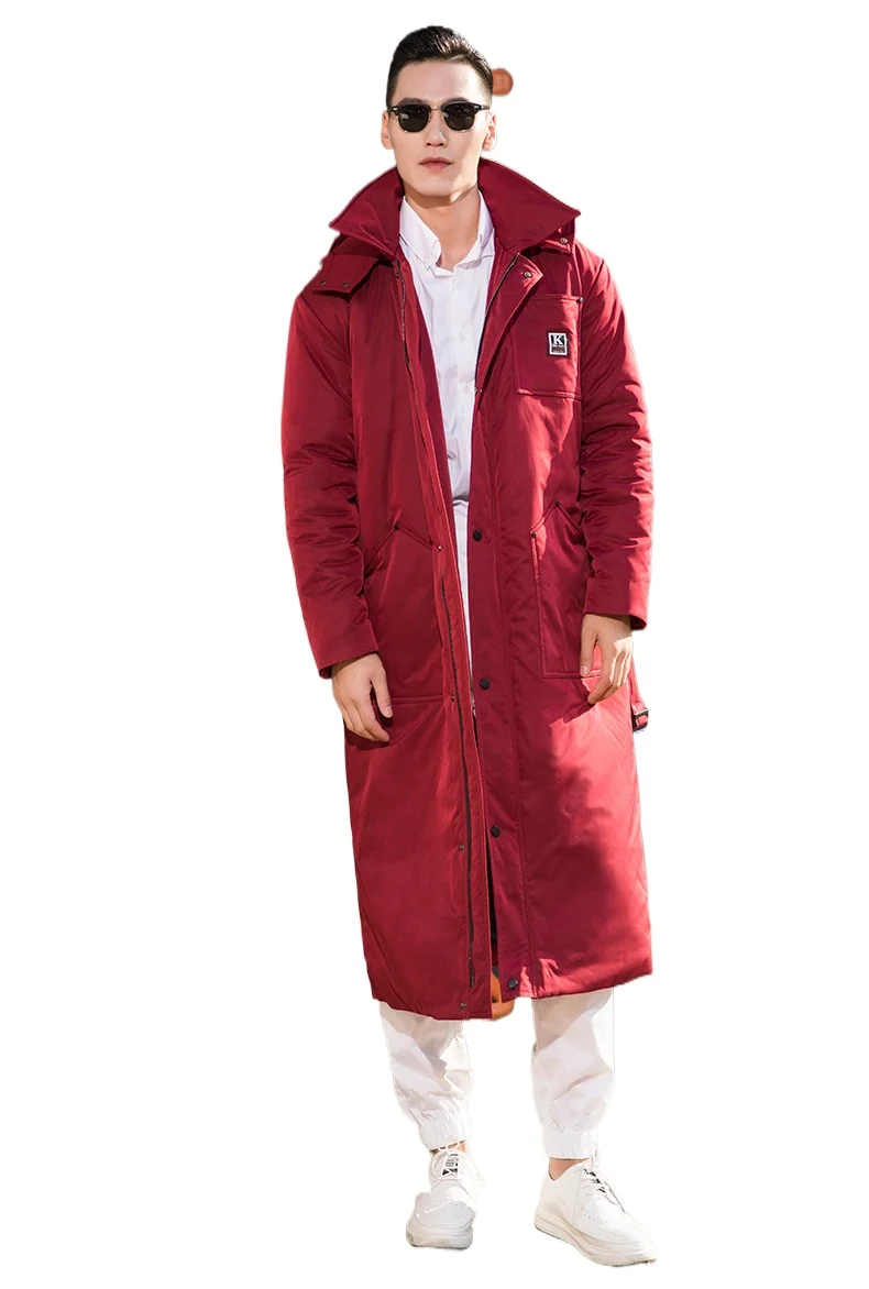 

Men Space Cotton Windproof Winter Red Parkas Boys Hooded Hat Thick Coat Zipper X-Long Jacket with Belt Warm Snow Wear Overcoat