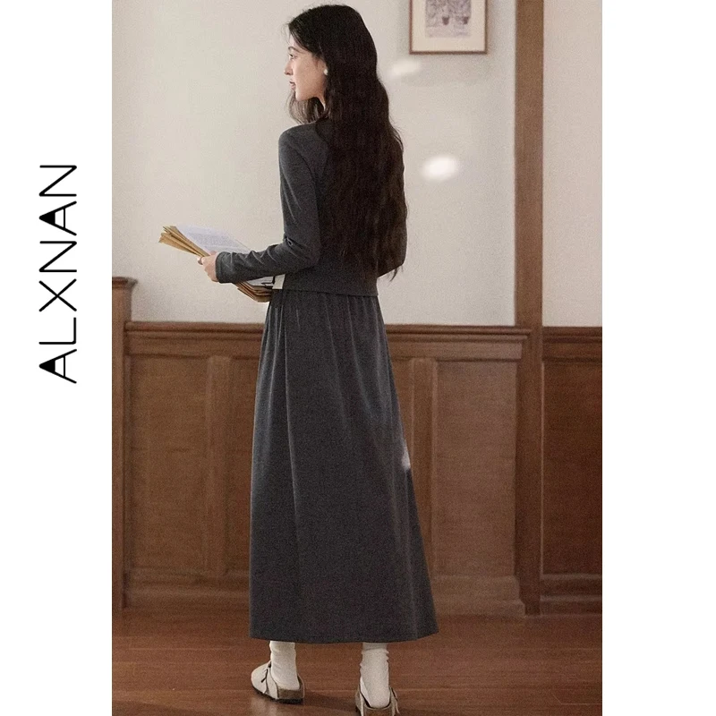 ALXNAN Casual Röcke Hohe Taille Vielseitig Gestrickte Stretch Mid-länge Rock Neue Herbst Entspannt Weiche frauen Kleidung L569115-1