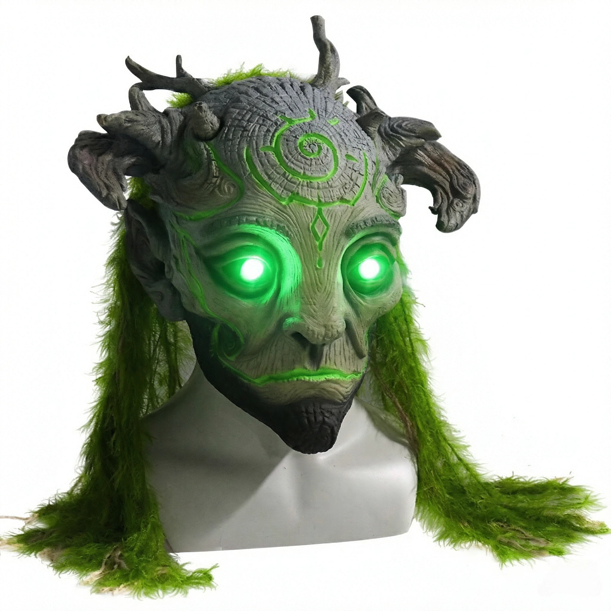 Halloween Glowing Forest Tree Man Mask, Full Latex Headgear with Antlers Mossy Long Hair for Fantasy Forest Elf Cosplay Props