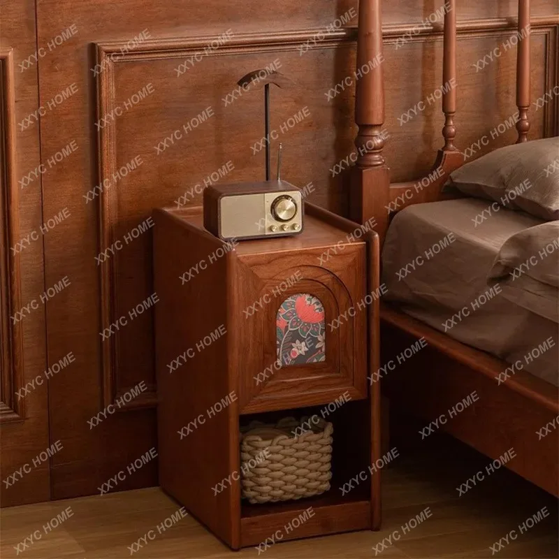 XX  medieval solid wood narrow bedside table light luxury bedroom small storage cabinet ultra-thin mini