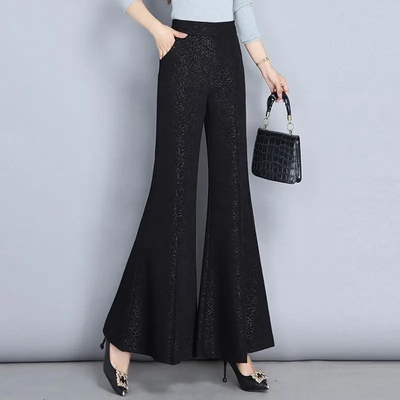 Temperament Vintage Autumn Winter New Fashion Pants Women Elastic Waist Solid Pocket Office Lady Slim High Waist Flared Trousers