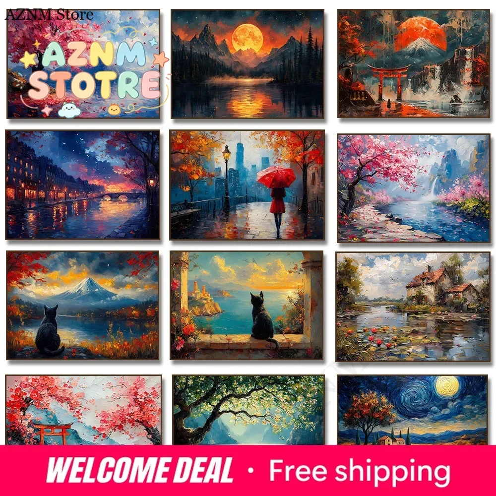 Japanese Style Pink Cherry Blossom Mountain Black Cat Greek Landscape Poster Print Canvas Painting for Living Room Home Decor