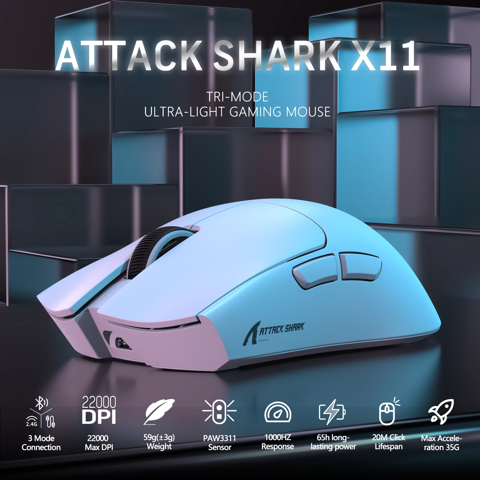 

ATTACK SHARK X11 Lightweight Wireless Gaming Mouse with RGB Charging Dock,Tri-Mode-2.4G/USB-C Wired/BT,22K DPI,PAW3311 Optical S