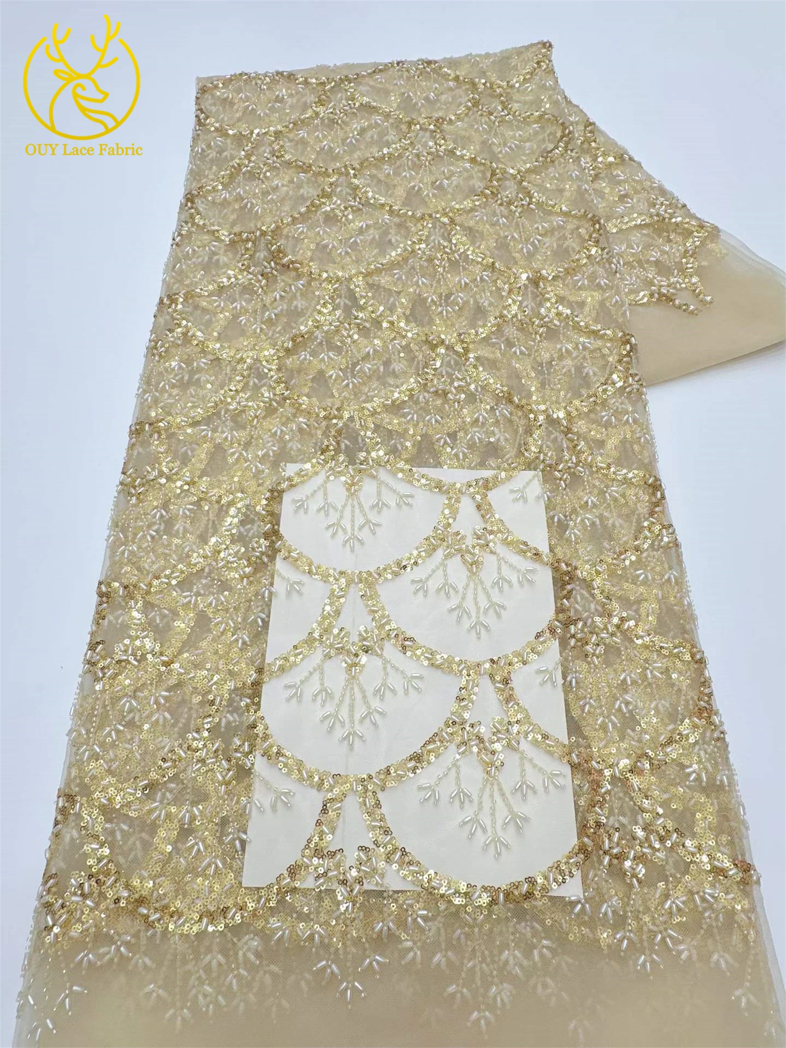 5 Yards französischer Pailletten-Spitzenstoff, afrikanischer Spitzenstoff, nigerianischer Tüll-Mesh-Spitzenstoff für Braut, Hochzeit, Heimdekoration – Detail 5