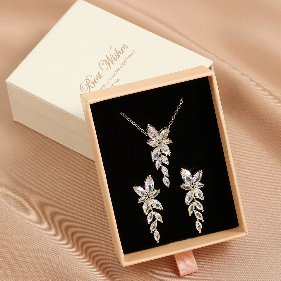 ZAKOL Classic AAA Zircon Leaf Tassel Earring Necklace Set