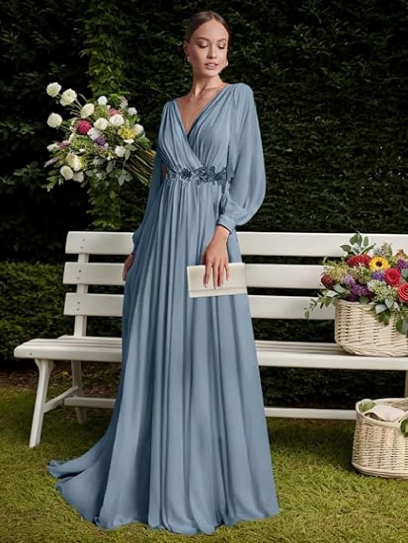 Vestidos de dama de honor con cuello en V y mangas Apliques de encaje Corsé plisado de gasa Vestido formal de novia para madre para mujer