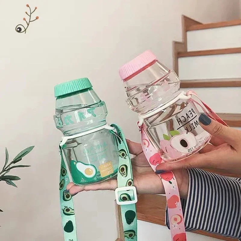 450ml Yogurt Plastic Water Bottle With Strap Cute Carton Kawaii Tour Fruit Drinking Milk Bottle Portable Leakproof Cute Bottle