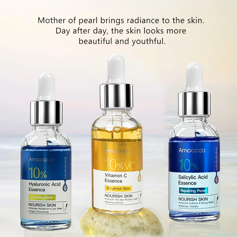 Amococo 2pcs Facial Serum 30ml 10% Salicylic Acid Essence Vitamin C Essence Hyaluronic Acid Face Serum Moisturizing Hydrating Skin Care Brightening Nourishing Essence for Daily Face Care