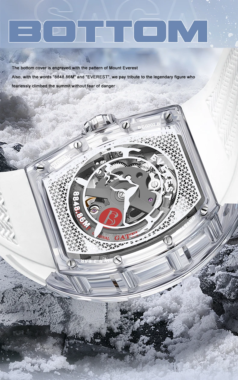 BONEST GATTI Men Automatic Watch 45mm Tonneau Crystal Case Mechanical ​3D Mount Everest Luminous Dial Fluororubber Strap