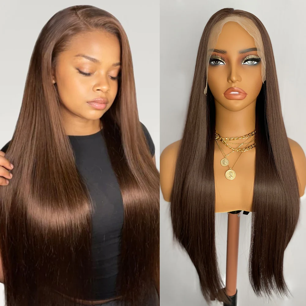 

Diniwigs Brown Lace Front Wig Synthetic Long Silky Straight Wig Natural Hairline Daily Use Wigs for Women Heat Resistant