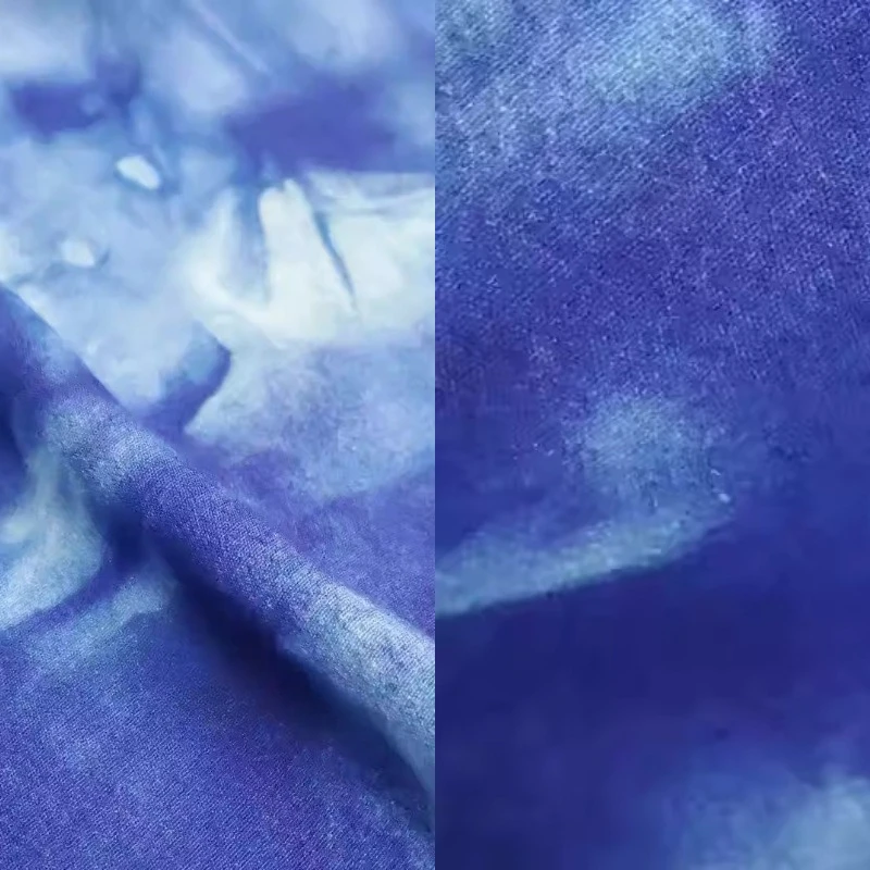 Vestido Camisero de Diseño Irregular Azul Tie Dye de Algodón Puro y Lino Chiffon, Ropa Chic para Resort, Material Hecho a Mano para Manualidades DIY en Casa