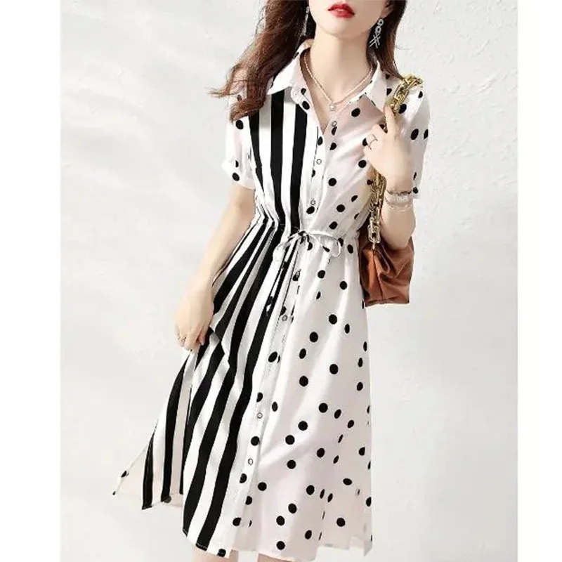 

Summer Korean Striped Polo-Neck Short Sleeve Casual Dresses Ladies Simplicity Polka Dot Slim Dresses Trend Patchwork Midi Dress