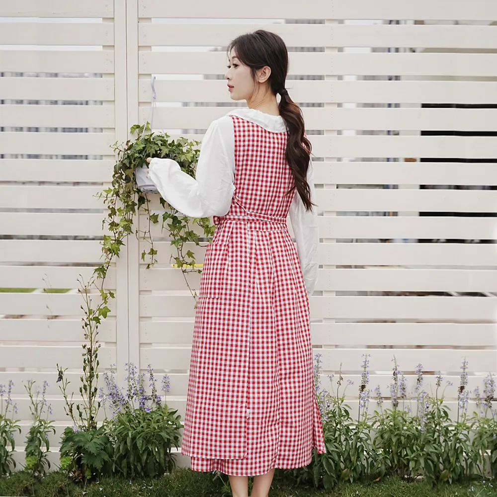 Korean style large size cotton side slit lace up plaid apron,one size,pockets,pleated,anti-fouling,for household,work,outdoor