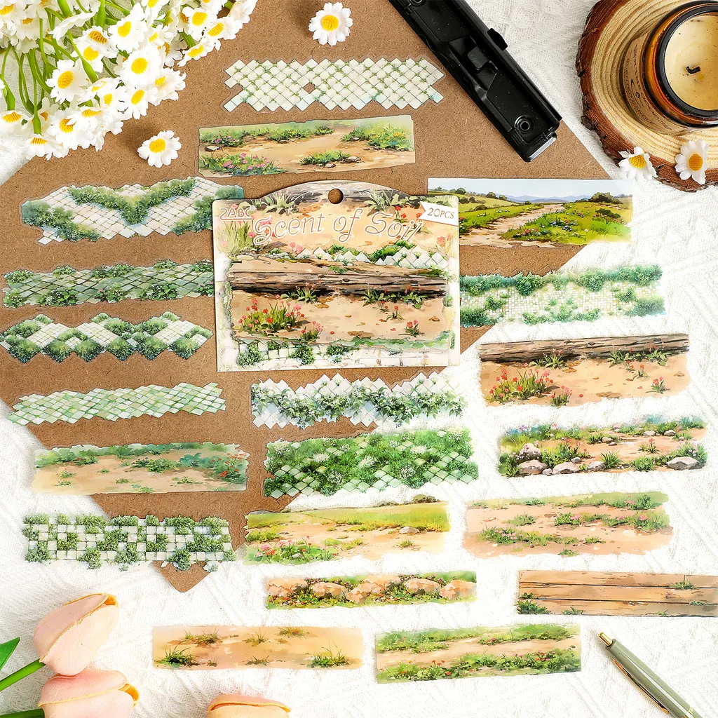 20 Stück Steinweg-Landschafts-PET-Aufkleber, Handkonto-Aufkleber, DIY-Scrapbooking-Material, Junk-Journal-Zubehör