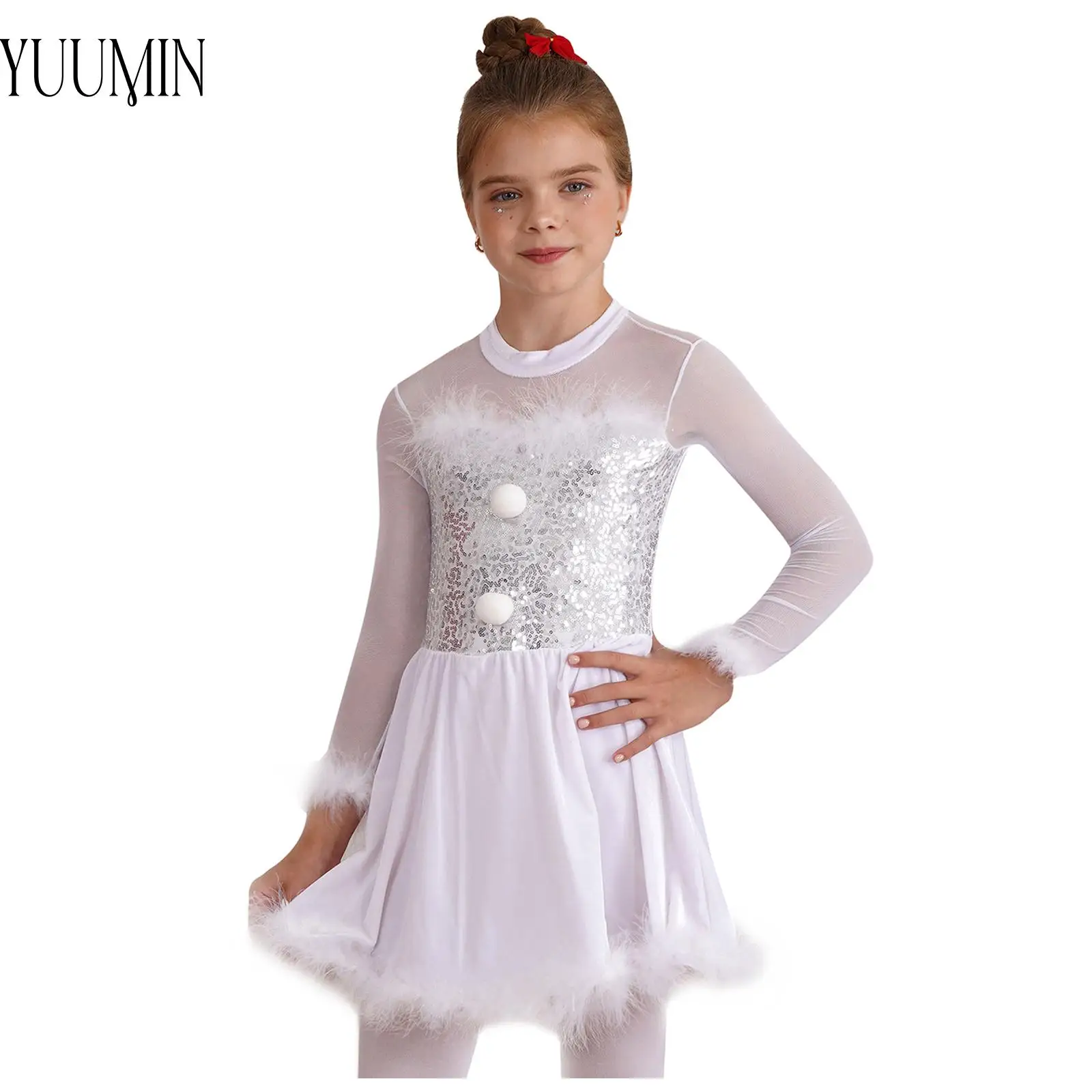 Kid Girl Christmas Dance Santa Claus Cosplay Dress Costume Long Sleeve Feather Keyhole Back Performance Carnival Jumpsuit Dress