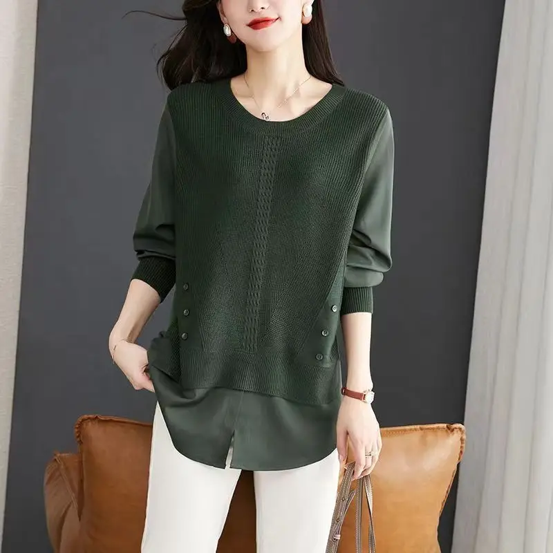 Commute Fake Two Pieces Blouse Spring Autumn Knitted Spliced Women\'s Clothing Long Sleeve Korean Solid Color Basic O-Neck Shirt