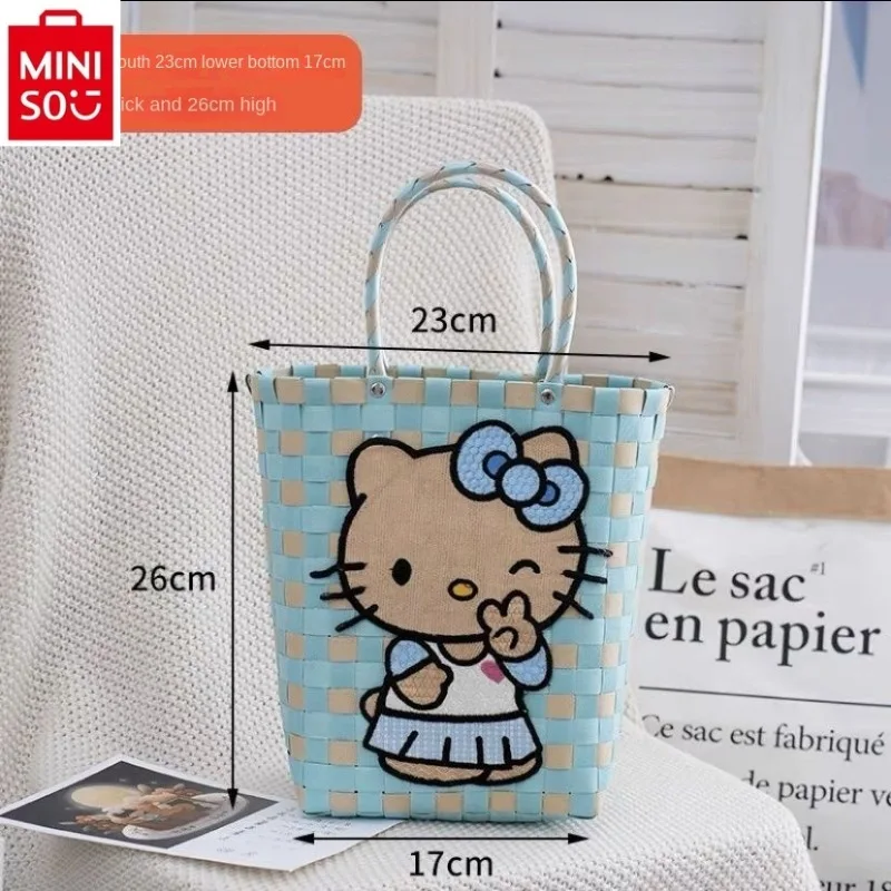 MINISO Hello Kitty Fashion Knitted Sweet Versatile Handbag for Women High Quality Large Capacity Outdoor Travel Beach Bag