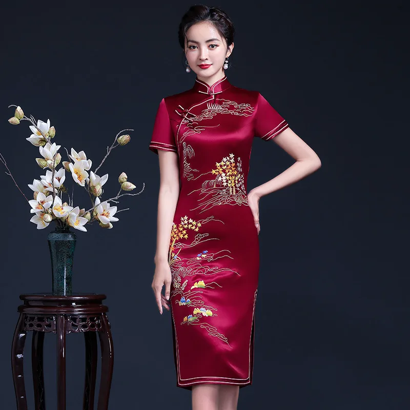 

Летнее элегантное платье Cheongsam для женщин, свадебное вечернее банкетное элитное платье Cheongsam с вышивкой для матери, утягивающее платье средней длины