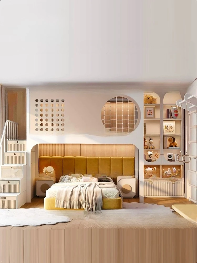 Tempat tidur anak modern mewah dengan desain susun tingkat atas dan bawah, terbuat dari kayu solid dengan tangga dan lemari.