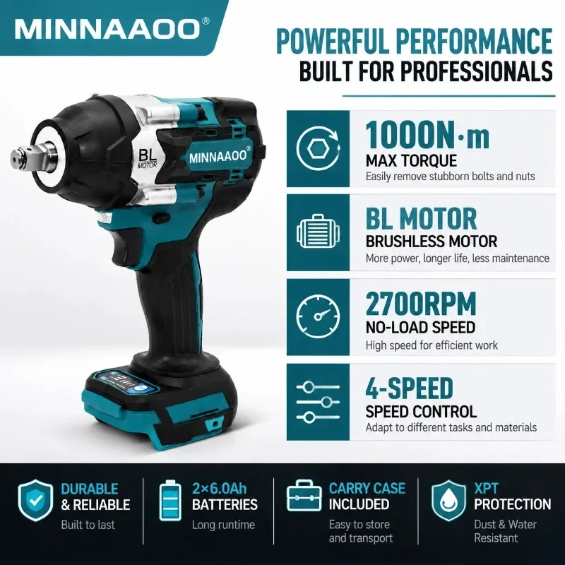 For Makita 18V Brushless Impact Wrench 1000N.m Cordless Electric Torque Tool 6.0Ah Battery Carry Case,For Makita DTW700 Tool