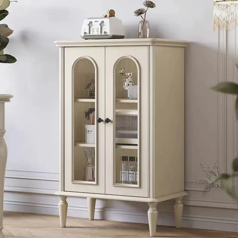 

TQH White Side Cabinet Changhong Glass Tea Cabinet French Cream Style Living Room Storage Solid Wood Locker