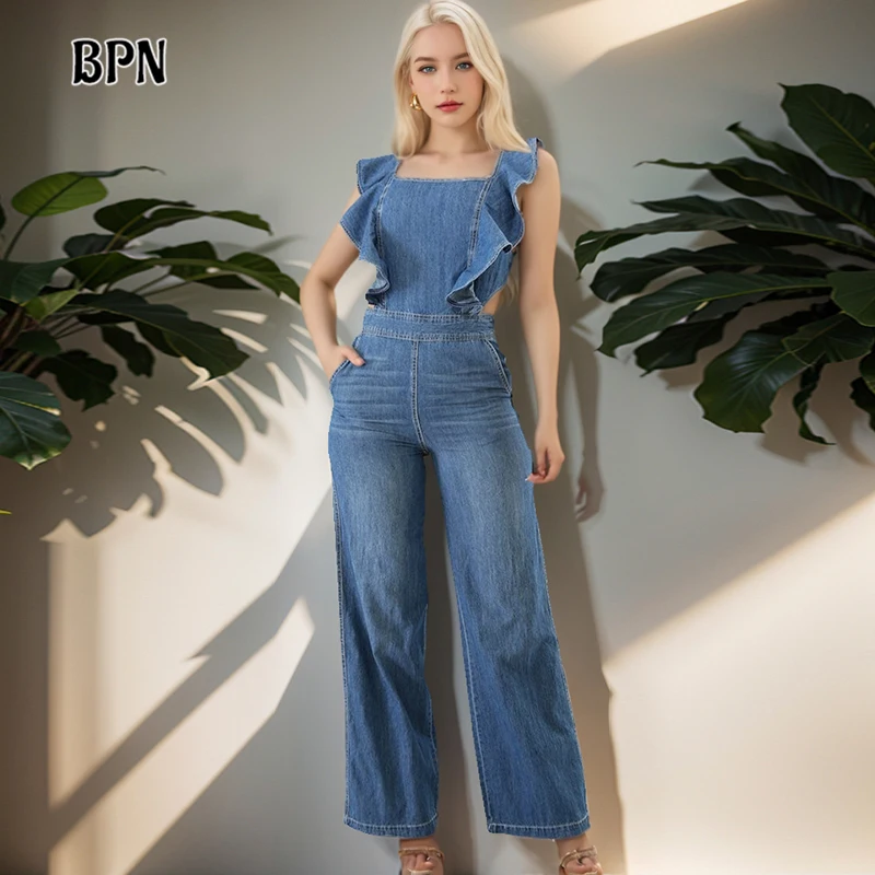 BPN Solid Patchwork Lace Up Denim Jumpsuits For Women Round Neck Sleeveless Backless High Waist Slimming Jumpsuit Female Style