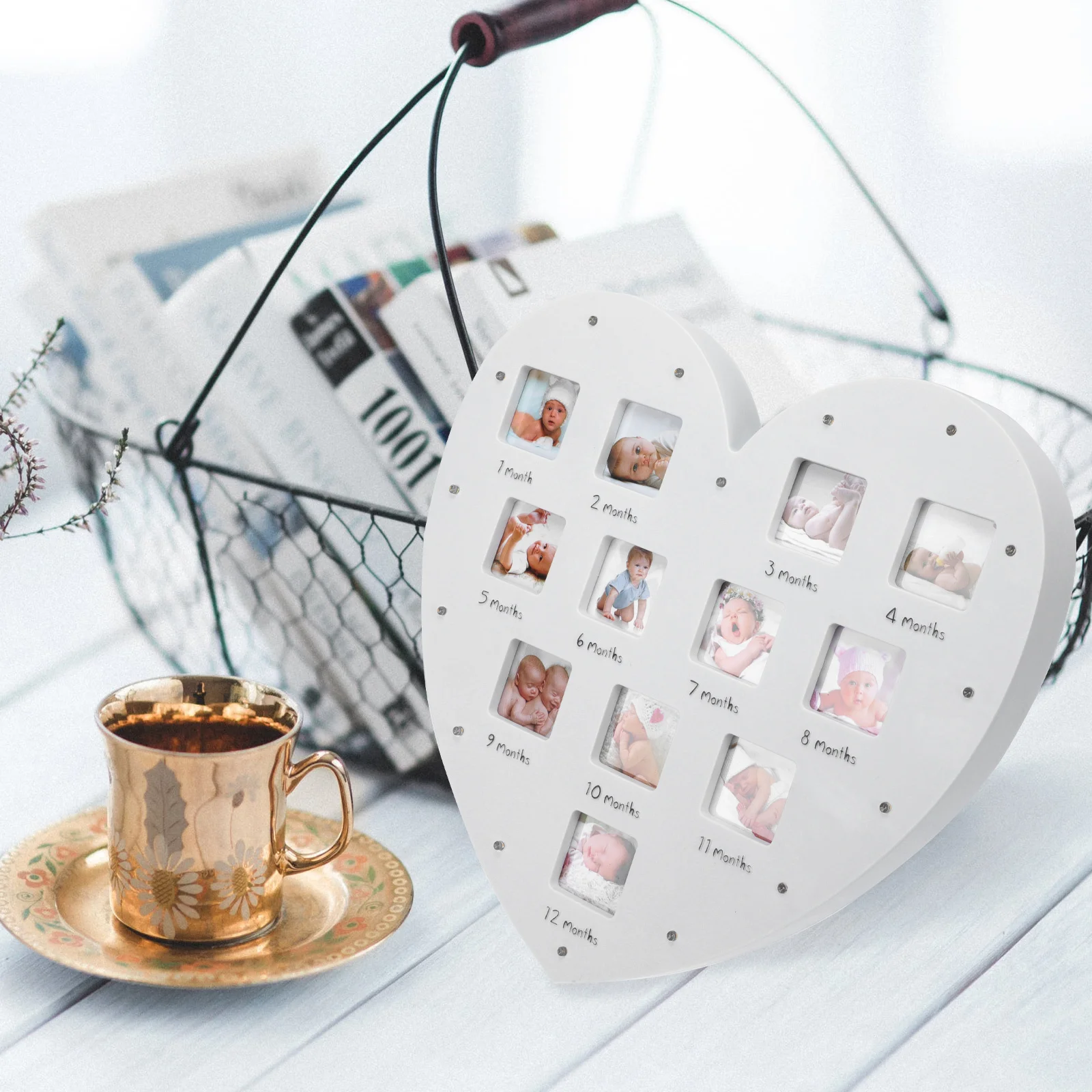 

1 шт., фоторамка в форме сердца для записи роста ребенка, дисплей на 12 месяцев, подвесной светильник, держатель для детской фотосъемки, светящаяся фоторамка