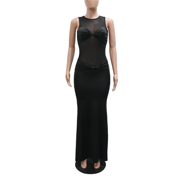 Neue Mode 2025, amerikanische europäische Damen-Kleider, einfarbig, Netzstoff, gespleißt, lässig, trendig, sexy, knöchellang, ärmellos, dünn