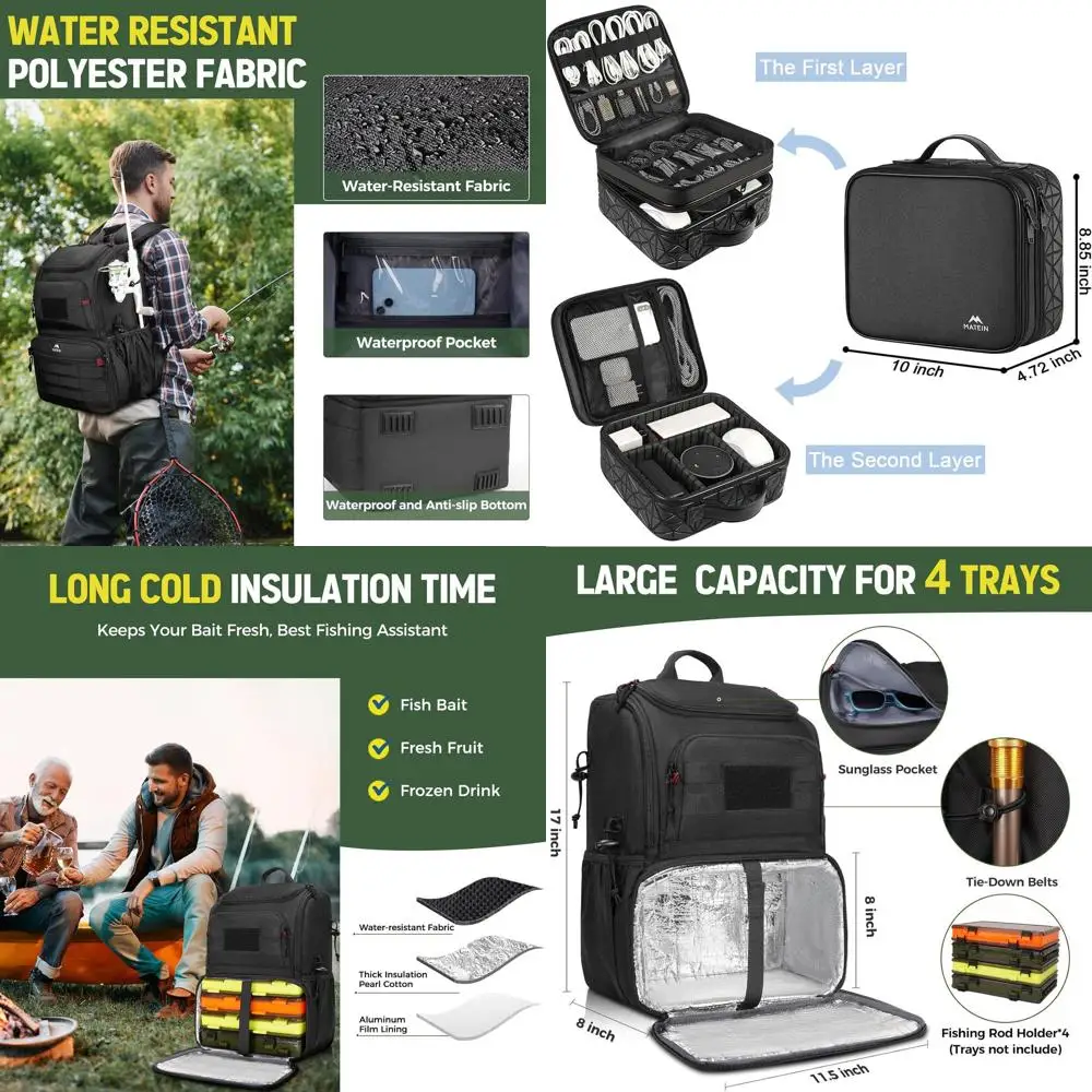 

Water-Resistant Fishing Backpack with Cooler, Rod Holders, and Adjustable Storage Dividers