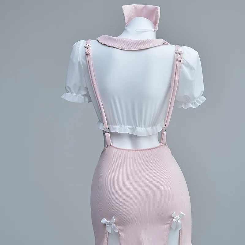 Conjunto de lencería de disfraz de enfermera sexy: pijama lindo puro y caliente con falda de tubo, uniforme push-up de busto pequeño para juego de rol
