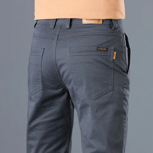 2024 pantalones casuales clásicos de algodón puro de alta calidad para hombre, pantalones casuales de Color sólido, pantalones rectos ajustados de algodón elásticos de negocios para hombre