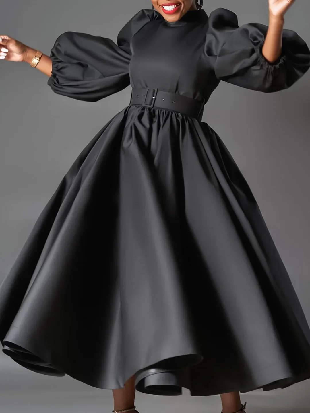 

Elegant Dresses for Women Half Turtleneck Full Sleeve Belt Waisted Pleated Mid Calf Luxury Birthday Party Dinner Vestidos Mujer