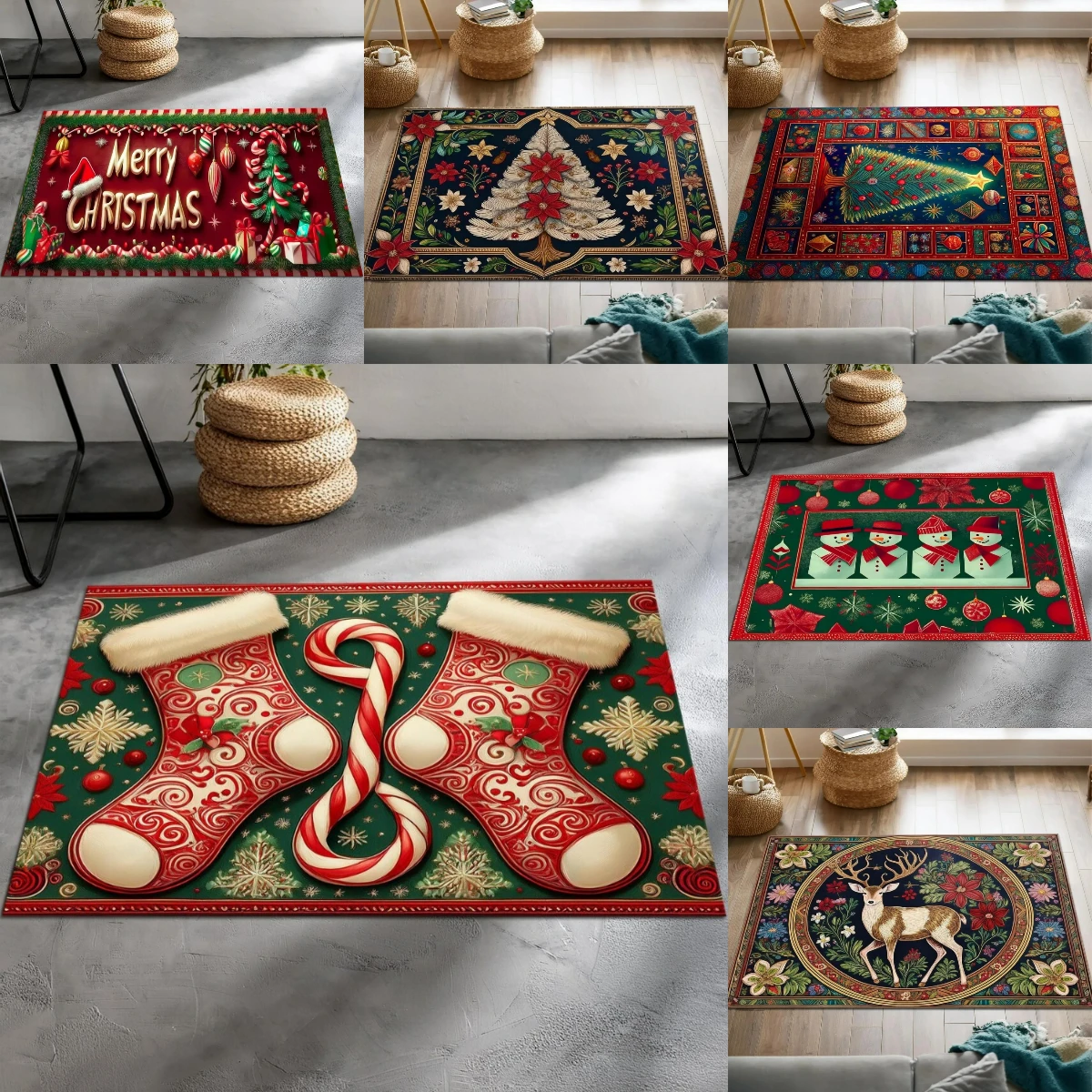 Festliche Weihnachts-Fußmatte, Strumpf, Süßigkeiten, Schneemann, Baum, Design, Bodenmatte für Wohnzimmer, Schlafzimmer, Urlaubsdekoration, Winter, saisonales Geschenk