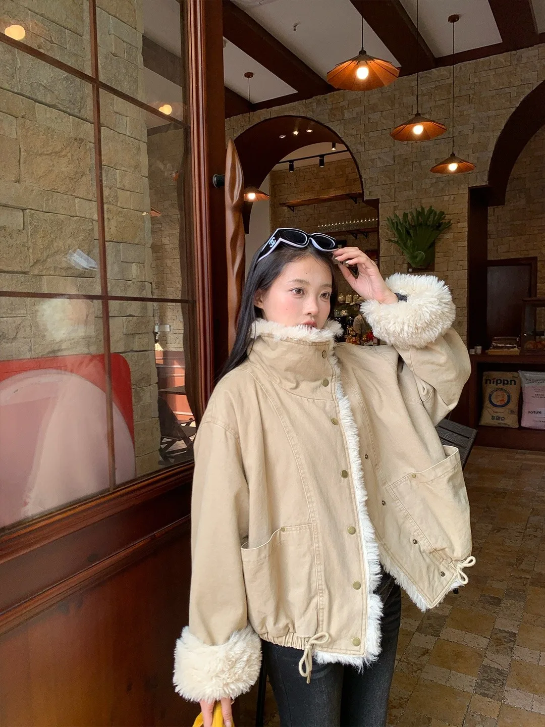 

Retro American Sle Thiened Warm Lamb Fur Jaet Women's Motorcycle Cotton Coat Winter New Sle Versatile Slimming