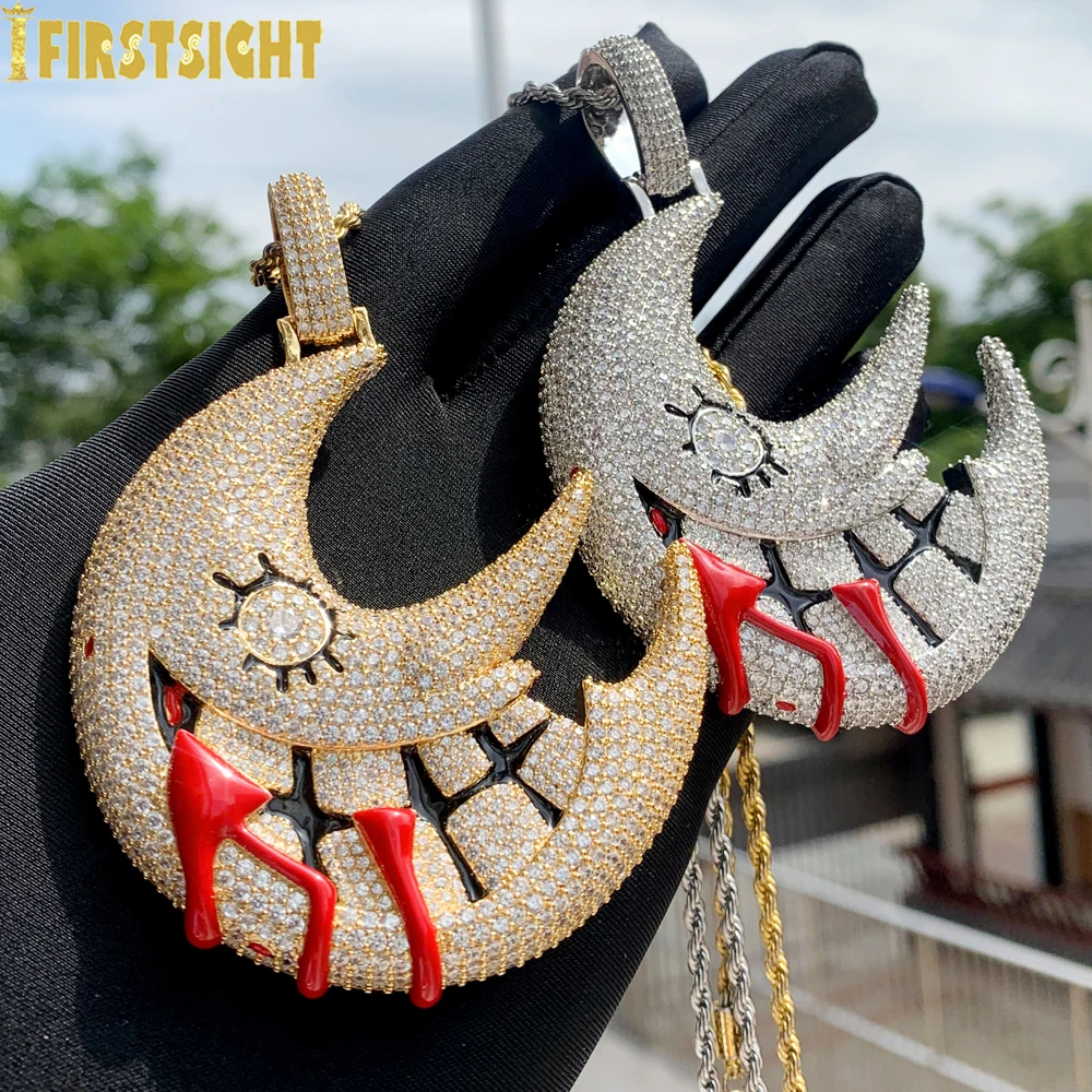 Iced Out Bling Big CZ Moon Mouth Pendant Necklace Silver Color Cubic Zircon Red Dripping Lips Charm Hip Hop Men Women Jewelry