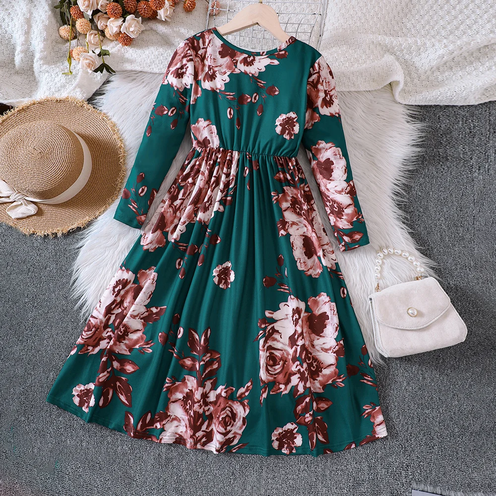 Children\'s New Spring And Autumn Flower Print Long-Sleeved Dress For Girls