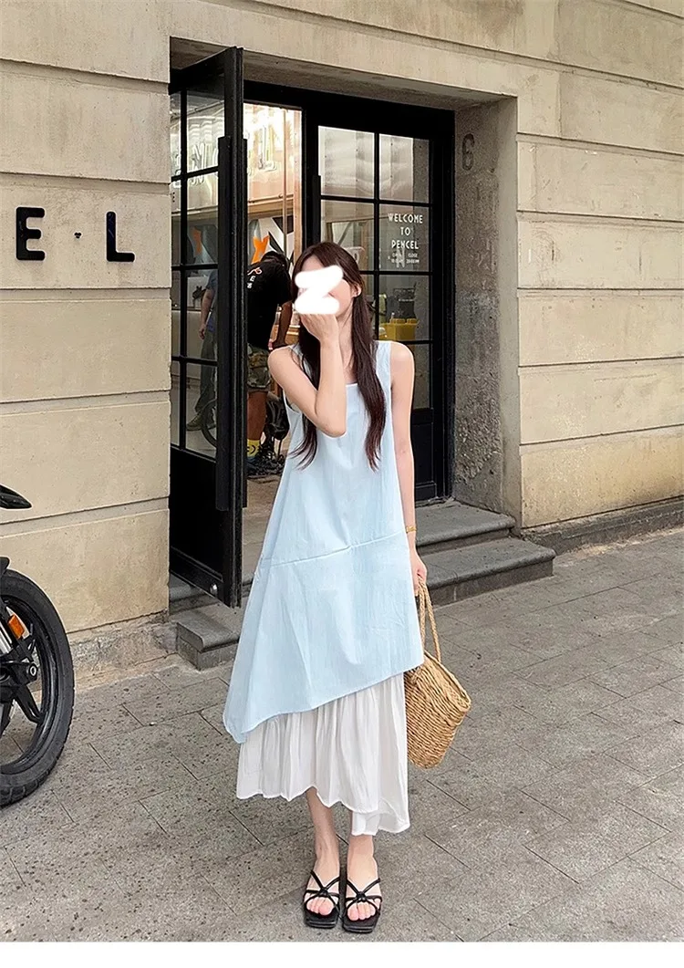 Dresses Sleeveless Womens To Wear A Wedding Summer Cotton Spaghetti Strap Halterneck Hollow-Out Cutout Side-Slit Colorful Simple