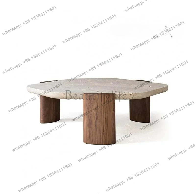 

Natural travertine coffee table small apartment living room home modern simple homestay solid wood marble dwarf