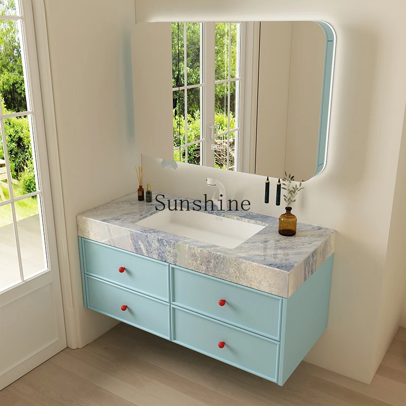 

Cream wind bathroom cabinet blue crystal hand wash bathroom marble under counter basin combination
