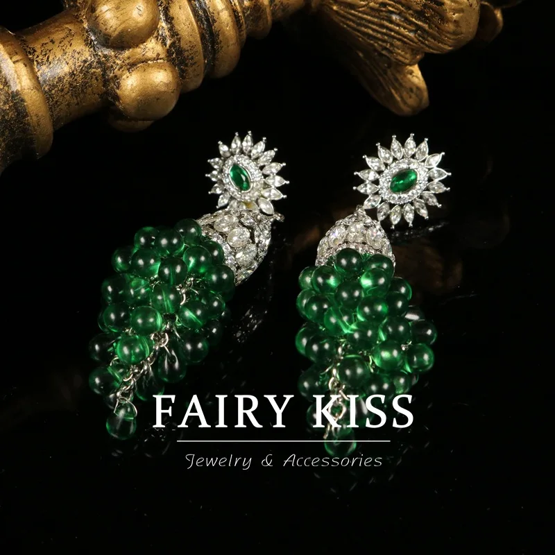 Medieval earrings exquisite green gemstone tassels copper wax inlaid zircons workmanship earrings
