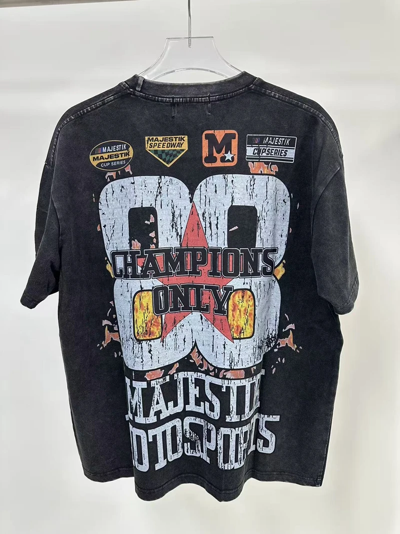 Vintage Washed Fire Print T-Shirts für Herren Y2k Streetwear Lustige Motorsport Dirt Bike Grafik-T-Shirts Sommer Übergroße Unisex-Kleidung – Detail 6