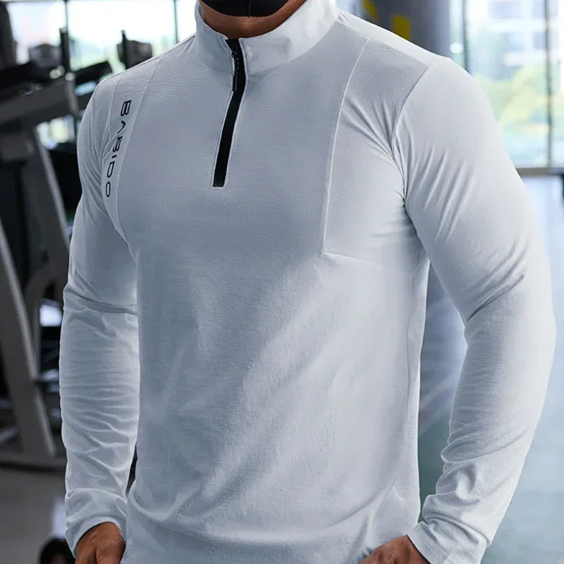 Sport Fitness Langarm Männer Herbst Dehnbar Quick-Dry Lauf Gym Training Kleidung Schlank Reißverschluss Baseball Tennis Sport Tops